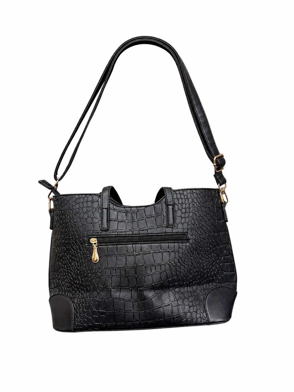 Black Croc Embossed Satchel Tote Bag | Gold Hardware | Shoulder & Crossbody Styl - Picture 3 of 10